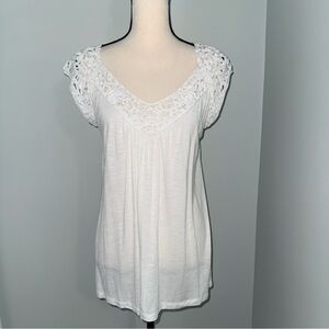 Tribal White Crochet V Neck Cap Sleeve Boho Coastal Grandma Blouse size large